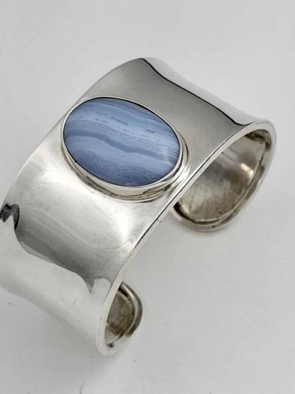Vintage Mexico Caravantes Sterling Silver &  Blue Lace Agate Wide Cuff Bracelet